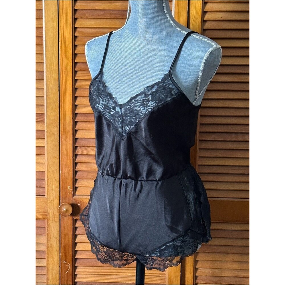 Vintage 80s Black Lace-Trim Satin Teddy Romper